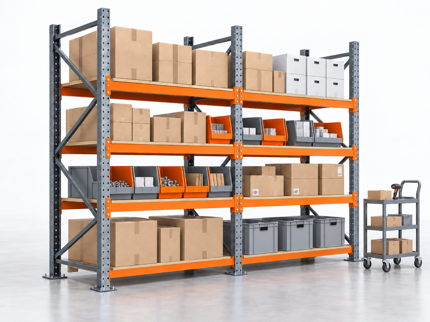 Ilustración de rack picking con niveles, cajas y carro de preparación de pedidos