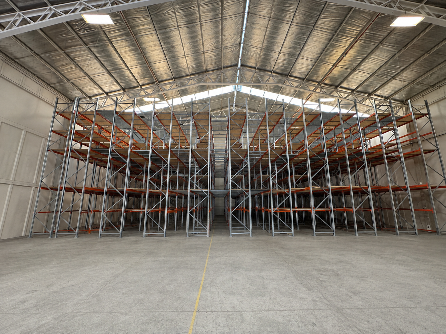 Altillo rack instalado en bodega de Conchalí con múltiples niveles de almacenamiento